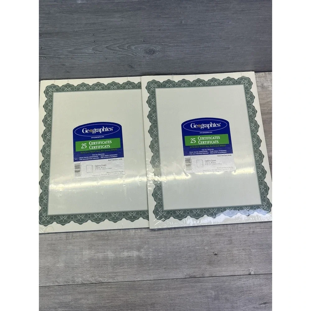 Geographics Certificates Optima Green Border Gold Seal 25 Pack Lot of 2 8.5x11